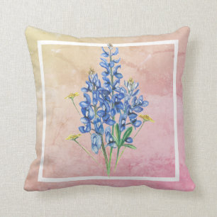 Coussin Bluebonnets sur Arrière - plan rose