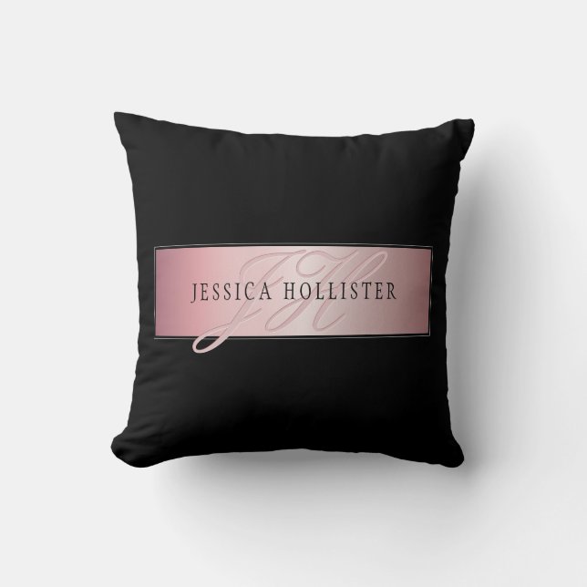 Coussin Blush Élégant Faux Or Rose | Nom & Initiales (Recto)