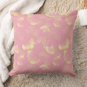 Coussin Blush Ginkgo Luxe – Botanique dorée sur fond rose
