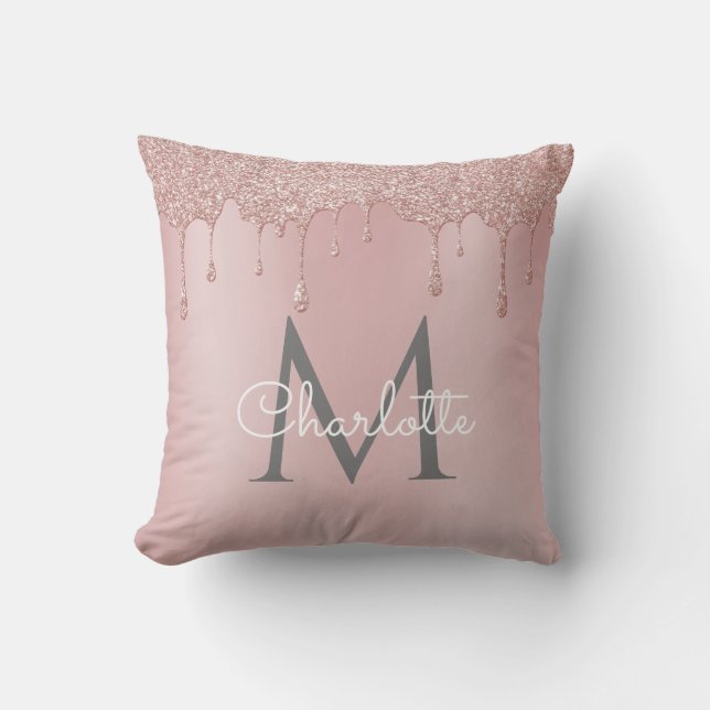 Coussin Blush Pink Glitter Drips Monogramme Élégant Script (Recto)