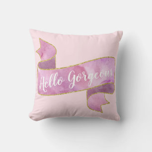 Coussin Blush Rose Féminin Ruban Doré Bonjour Magnifique