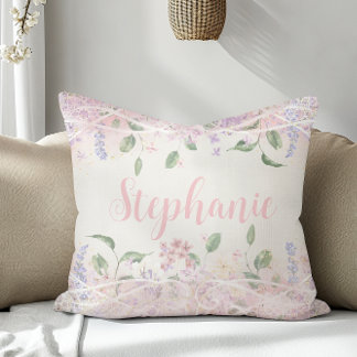 Coussin Blush rose Floral Nom personnalisé