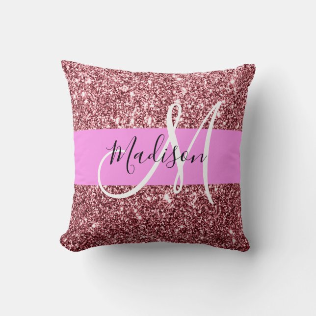 Coussin Blush Rose Glitter Monogramme Rose Doré Pailleté (Recto)