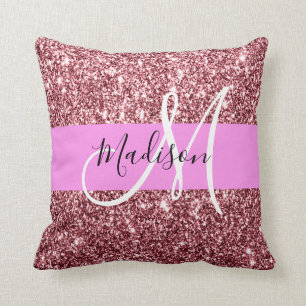 Coussin Blush Rose Glitter Monogramme Rose Doré Pailleté