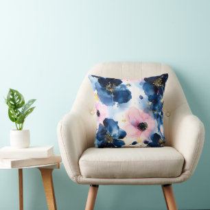 Coussin Blush Rose Gold Bleu Marine Floral Aquarelle