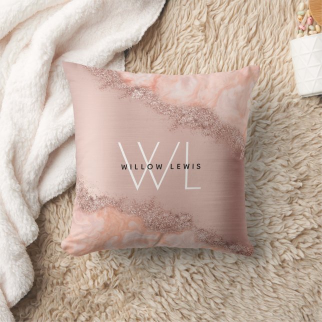 Coussin Blush Rose Gold Monogramme Géode en Agate Pailleté (Couverture)