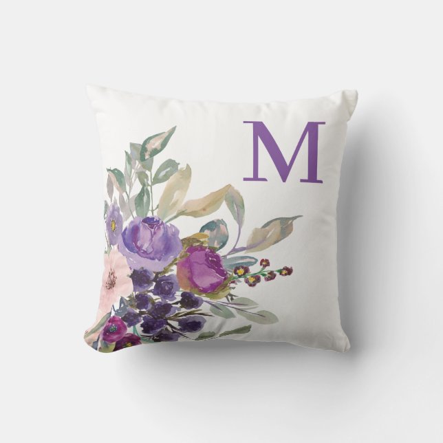 Coussin Blush rose violet monogramme floral aquarelle (Recto)