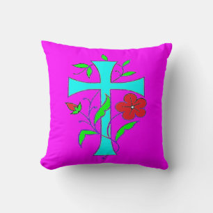COUSSIN BLUSHING PINK WITH A BLUE CROSS AND RED FLOWER