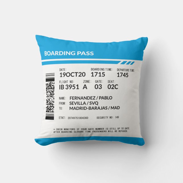Coussin Boarding Pass (blue) (Recto)
