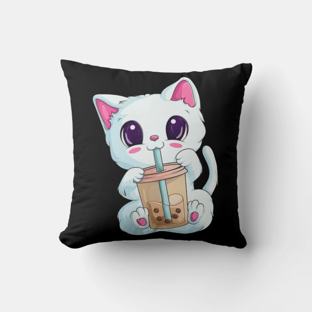 Coussin Boba Tea Cat Anime Pour Femmes Kawaii Bubble Tea N (Recto)