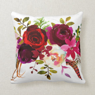 Coussin Bohème Bourgogne Marsala Rouge Blanc Rose Floral