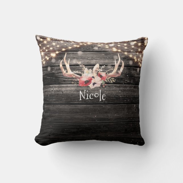 Coussin Bohème Chic Bois Rustique et Luminaires Fleurs et  (Recto)