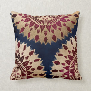 Coussin Bohême Gold Navy Bourgogne main tiré Mandala