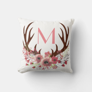 Coussin Bohème rustique Aquarelle Floral Deer Antlers