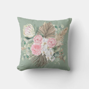 Coussin Bohème Rustique Floral Rose Evergreen Pampas Verdu