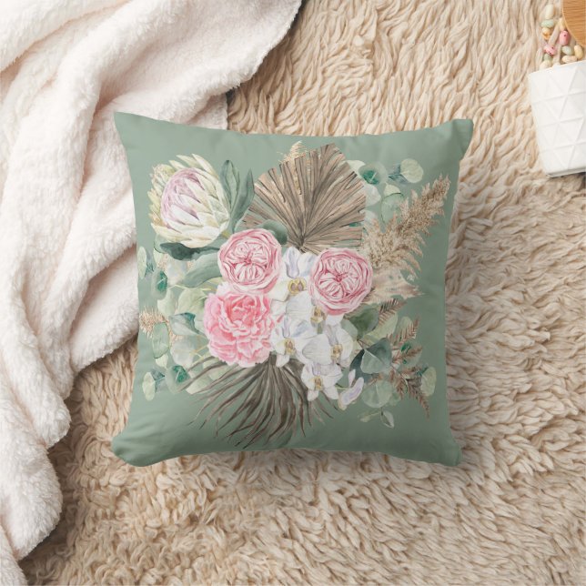 Coussin Bohème Rustique Floral Rose Evergreen Pampas Verdu (Couverture)