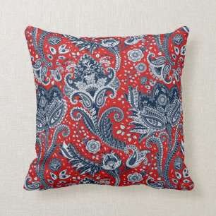 Coussin Bohémien floral blanc et bleu rouge Boho de