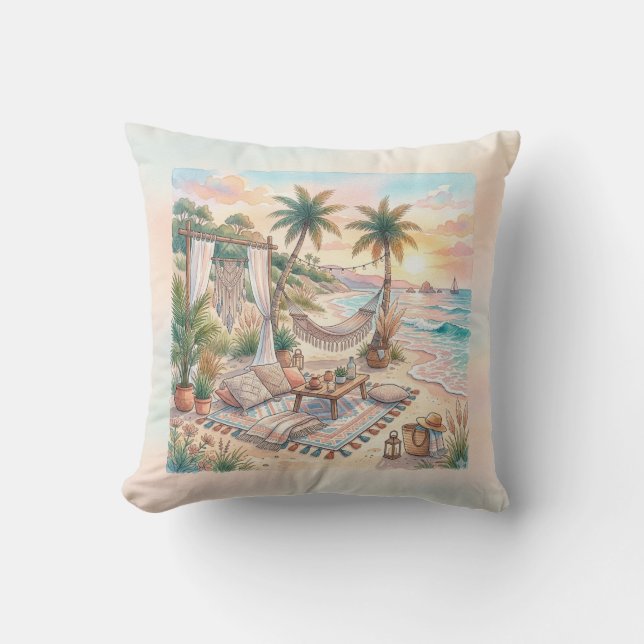 Coussin Boho Aquarelle Coucher de soleil tropical de plage (Recto)