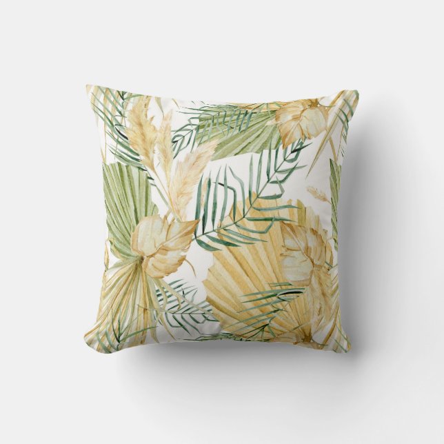 Coussin Boho Aquarelle Feuilles tropicaux et Pampas Grass (Recto)