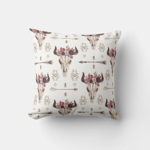 Coussin Boho aquarelle : flèches, motif crâne.