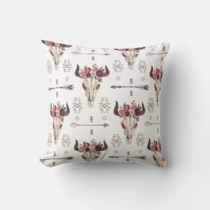 Coussin Boho aquarelle : flèches, motif crâne.
