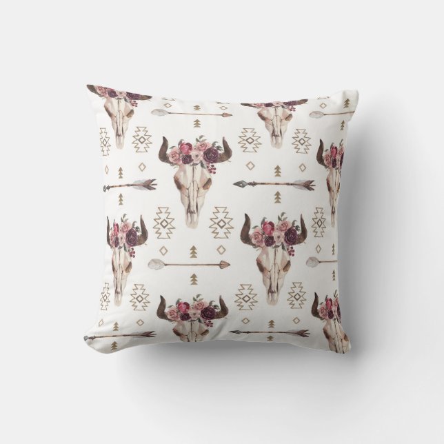 Coussin Boho aquarelle : flèches, motif crâne. (Recto)