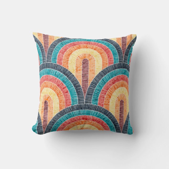 Coussin Boho Aquarelle Rouge Turquoise Orange arc-en-ciel (Recto)