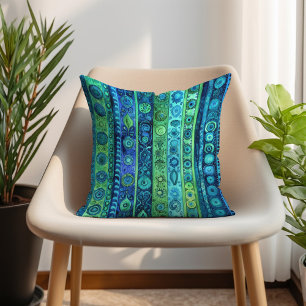 Coussin Boho Artistique Vert Bleu rayé