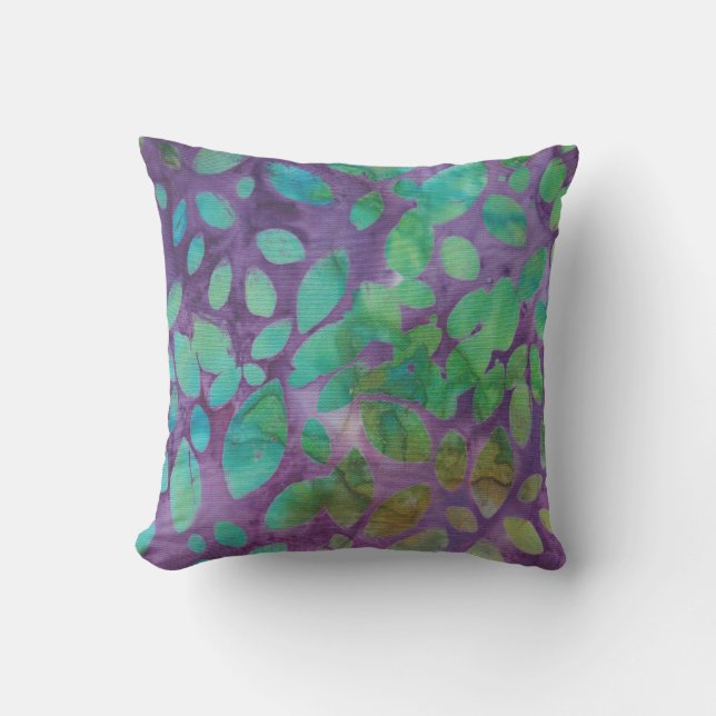 Coussin Boho Batik Vert Formes de Feuilles Violettes Abstr (Recto)