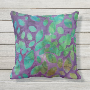 Coussin Boho Batik Vert Formes de Feuilles Violettes Abstr