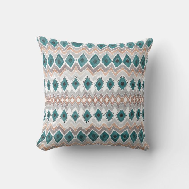 Coussin Boho Beach Turquoise Pêche Gris Chevron Diamond Mo (Recto)
