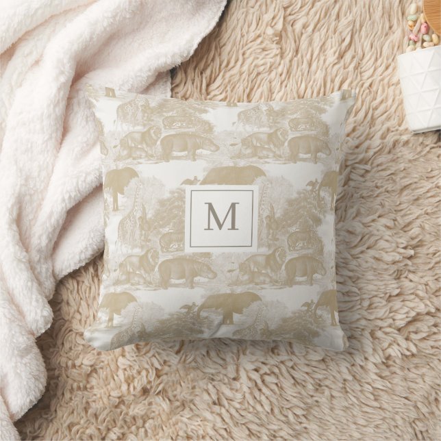Coussin Boho Beige Animaux Chinoiserie Baby Boy Monogramme (Couverture)