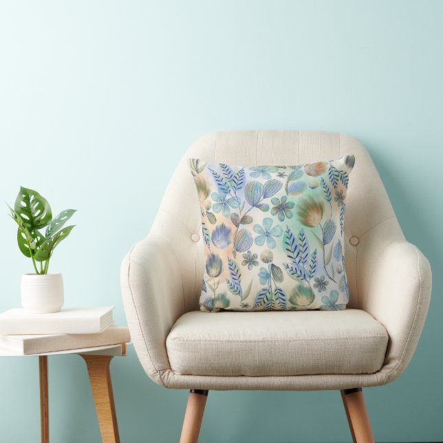 Coussin Boho Bleu Vert Whimsical Floral Botanique (Chaise)