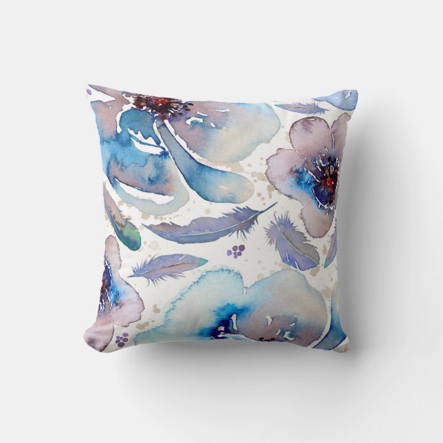 Coussin Boho Blue et Blush Moderne Floral Aquarelles (Recto)