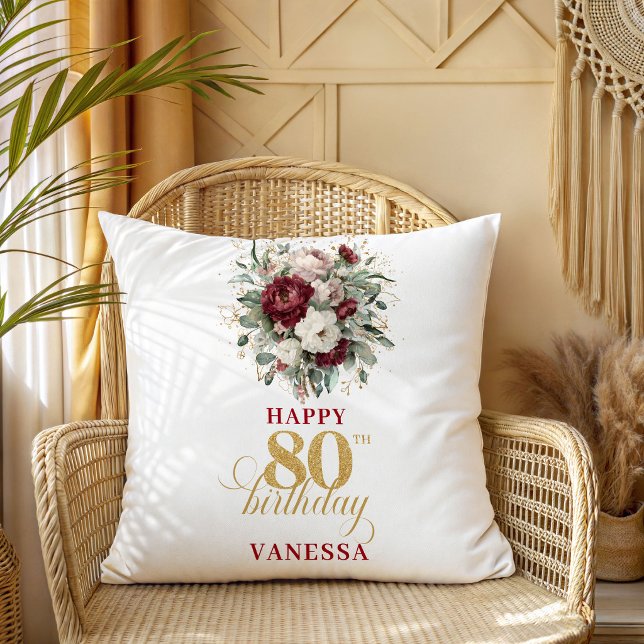 Coussin Boho Blush Bourgogne 80e Anniversaire Personnalisé (Boho Blush Burgundy 80th Birthday Personalized Pillow)