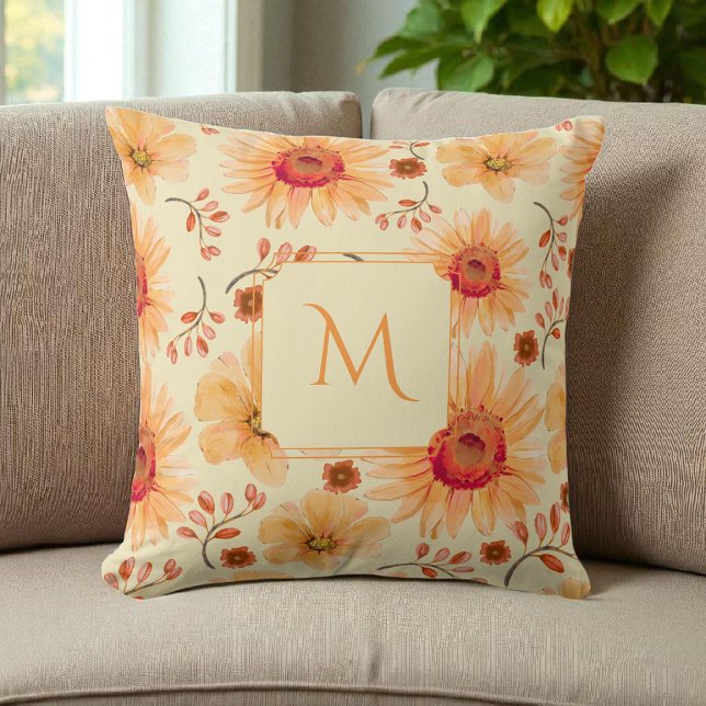 Coussin Boho Botanique Aquarelle Crème Orange Floral (Créateur téléchargé)