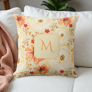 Coussin Boho Botanique Aquarelle Crème Orange Floral
