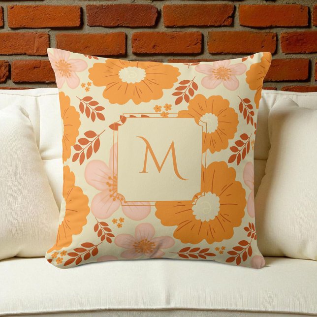 Coussin Boho Botanique Aquarelle Orange Jaune Floral (Créateur téléchargé)