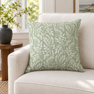 Coussin Boho Botanique Blanc Feuillage Sage Vert