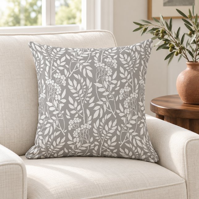 Coussin Boho Botanique Feuillage Blanc Gris (Créateur téléchargé)