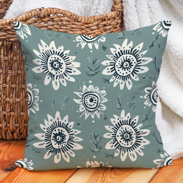 Coussin Boho Botanique Vert Sauge Crème Géométrique Floral (Boho Botanical Sage Green Cream Geometric Floral Throw Pillow)