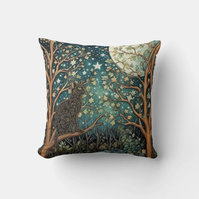 Coussin Boho cat starry night sky woodland forest (Recto)