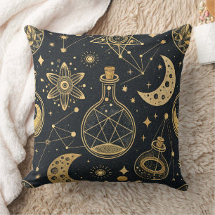 Coussin Boho Céleste avec Symboles d'Alchimie en Or