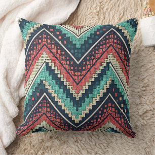 Coussin Boho Chevron Motif Zigzag turquoise, corail et c