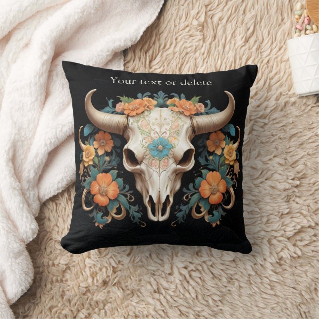 Coussin Boho Chic Aquarelle Florale Vache Crâne (Couverture)