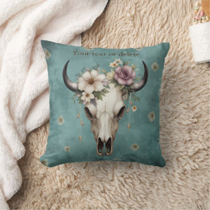Coussin Boho Chic Aquarelle Florale Vache Crâne