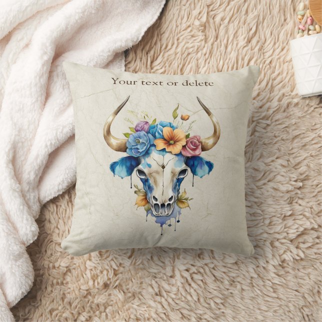 Coussin Boho Chic Aquarelle Florale Vache Crâne (Couverture)