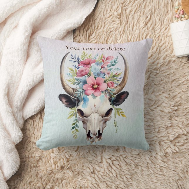Coussin Boho Chic Aquarelle Florale Vache Crâne (Couverture)