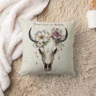 Coussin Boho Chic Aquarelle Florale Vache Crâne