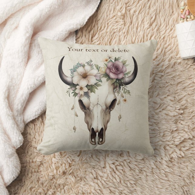 Coussin Boho Chic Aquarelle Florale Vache Crâne (Couverture)